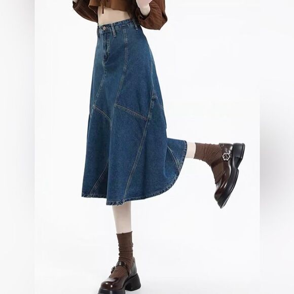 Vintage Denim Patchwork Long A-Line Midi Skirt - Picture 1 of 11